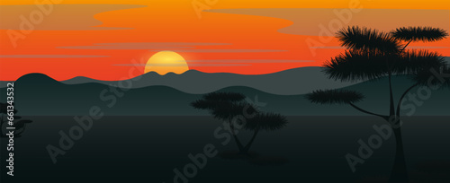 African landscape illustration concept, with sun and landscape background. vector