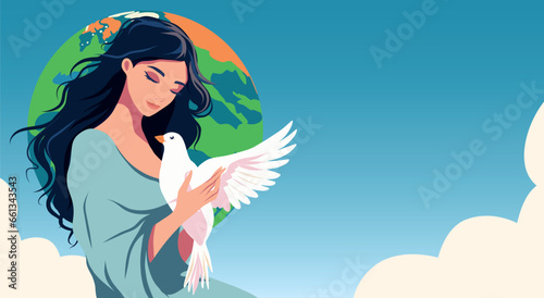 Vector flat illustration. Horizontal banner poster place for text. International Day of Peace. World peace. A girl holds a dove in her arms against the backdrop of the globe. Hands and dove of peace