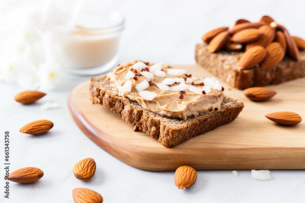 fresh almond butter on a toast slice with sliced almonds