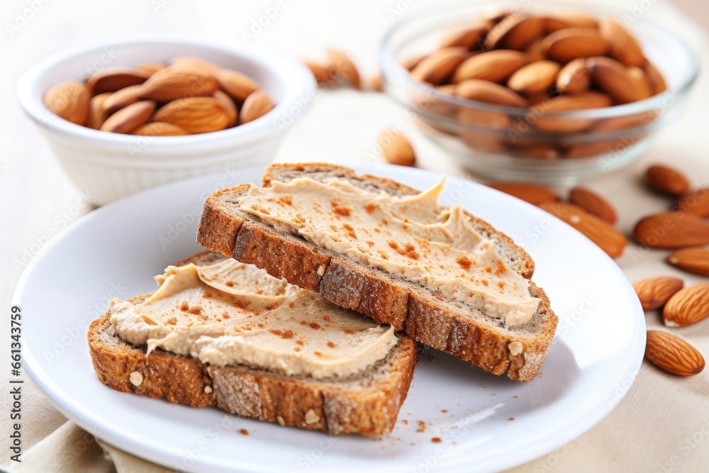 toast with almond butter and raw almonds on a plate