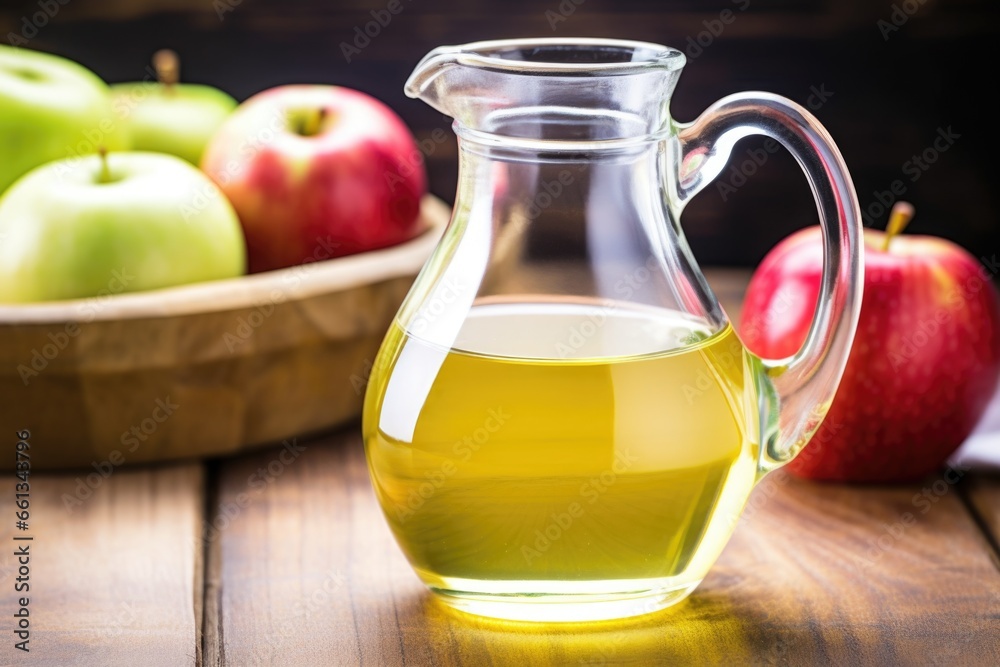 a glass of apple cider vinegar with a ceramic pitcher in the background a glass of apple cider vinegar with a ceramic pitcher in the background