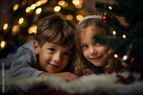 Two kids playing around christmas tree © Alexandr