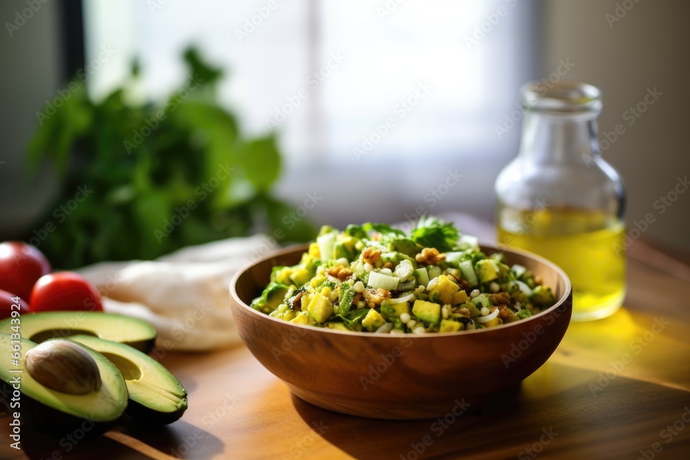 corn and avocado salad on an oak table corn and avocado salad on an oak table
