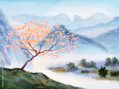 Tree by a mountain stream. Watercolor landscape