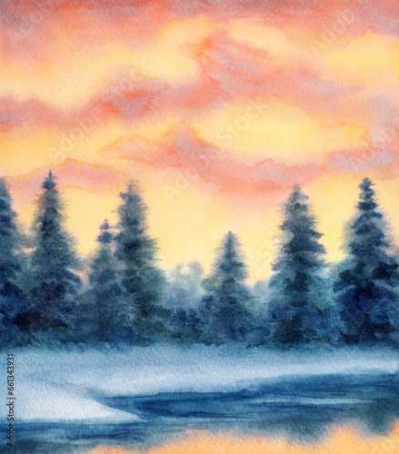 Watercolor landscape. Winter forest