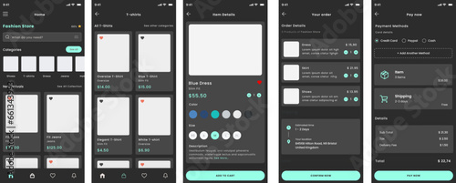 Fashion Dark Ecommerce, Clothes Black Shop and Tshirt Store Mobile App UI Kit Template