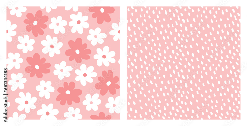 Set of seamless patterns of flowers and polka dots, hand drawn Set of seamless patterns of flowers and polka dots, hand drawn