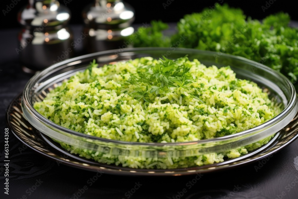 broccoli rice decorated with parsley on glass plate broccoli rice decorated with parsley on glass plate