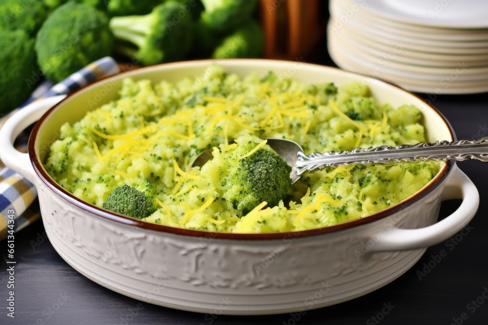 broccoli rice in a shiny silver dish with matching fork broccoli rice in a shiny silver dish with matching fork