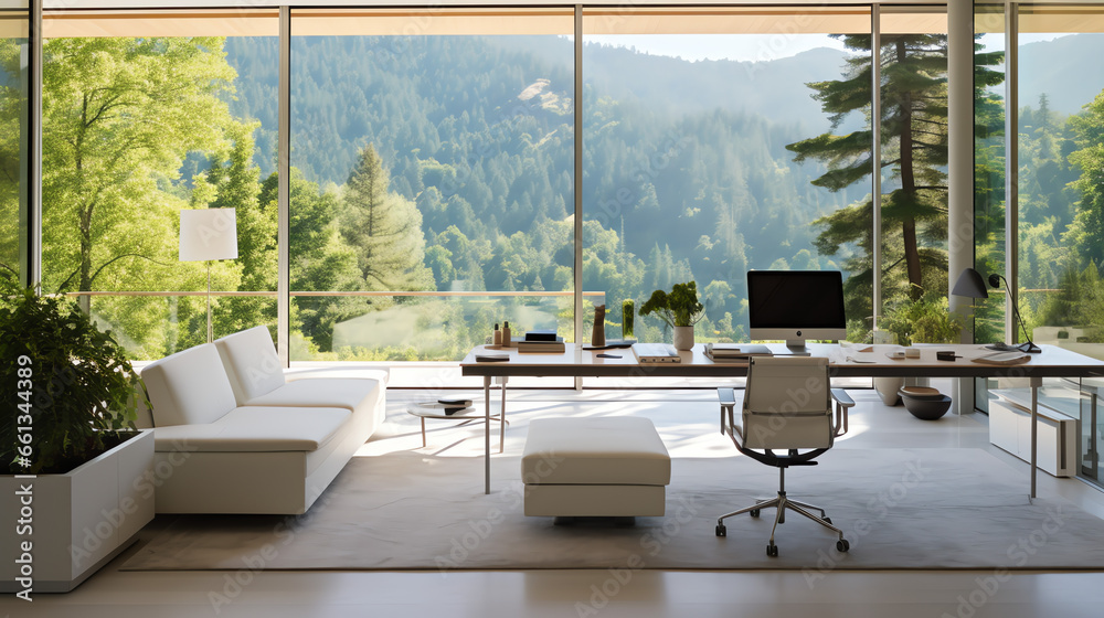 Büro mit Aussicht auf Wald und Berge Büro mit Aussicht auf Wald und Berge