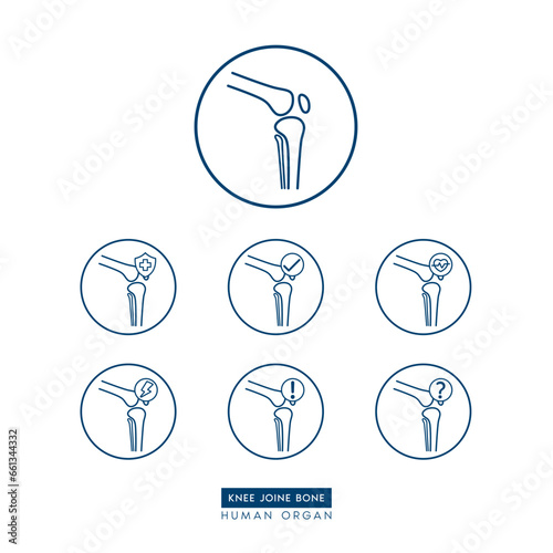 Knee joint bone icon simple flat outline style for health care ads or website. Icons isolated on white background. Medical human organ with exclamation check question mark, cross and thunder. Vector .