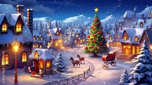Fantasy Christmas town covered in snow, Christmas stories for children, Happy holiday season greeting celebration illustration © Mohammad