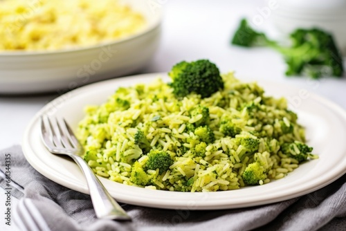 broccoli rice in a white ceramic plate with silver fork