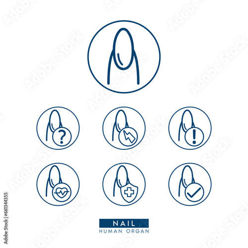 Nail icon simple flat outline style for health care ads or website. Icons isolated on white background. Medical human organ with exclamation check question mark, cross and thunder. Vector EPS 10.