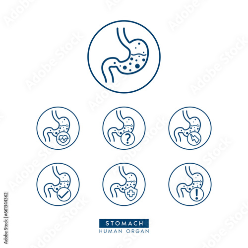 Stomach icon simple flat outline style for health care ads or website. Icons isolated on white background. Medical human organ with exclamation check question mark, cross and thunder. Vector EPS 10.