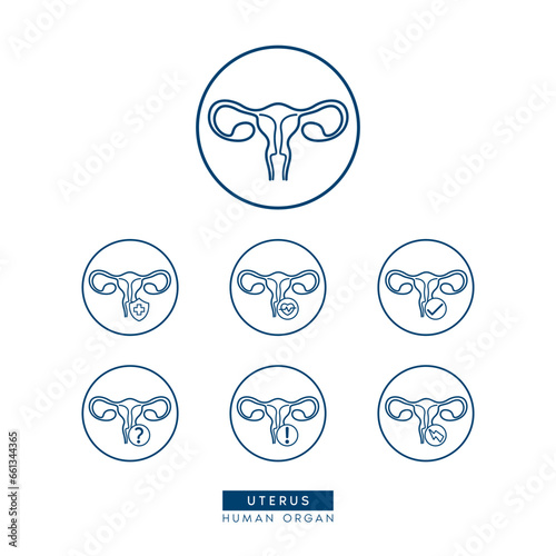 Uterus icon simple flat outline style for health care ads or website. Icons isolated on white background. Medical human organ with exclamation check question mark, cross and thunder. Vector EPS 10.