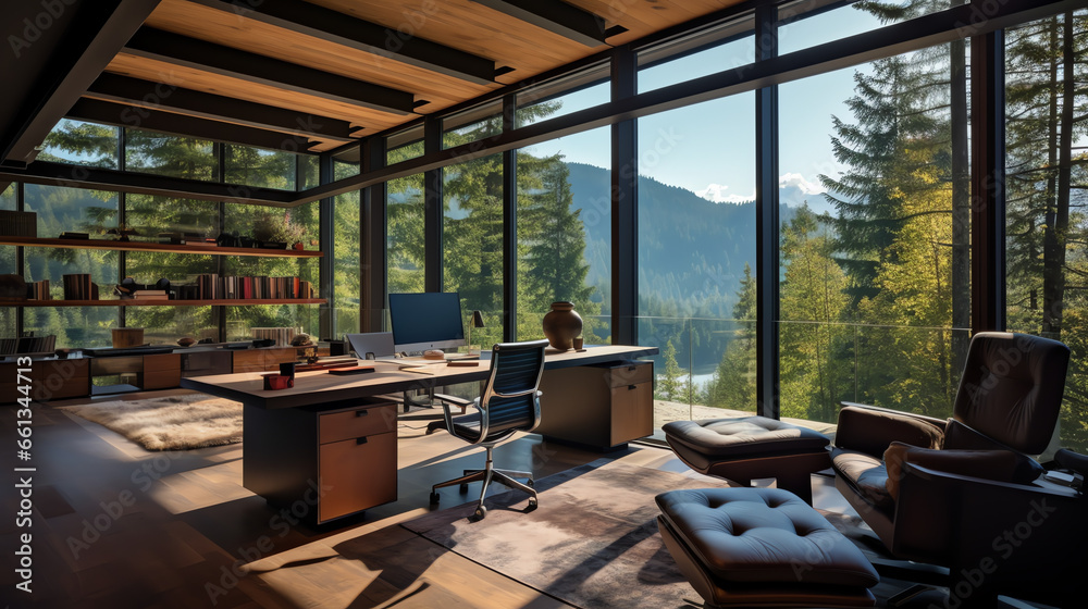 Büro mit Aussicht auf Wald und Berge