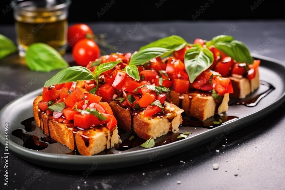 bruschetta pieces with fresh basil leaves and shiny glaze, served on a rectangle stone plate