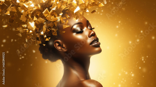 Black model with gold glitter on her face. Creative portrait. AI Generative