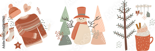 Vector winter illustrations in flat style, funny set of Christmas mood scenes, hand drawn vector illustration