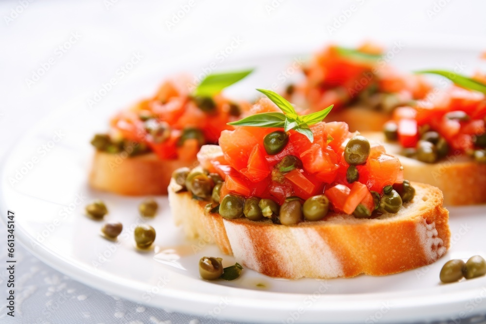 close-up of bruschetta with capers and tomatoes on white plate