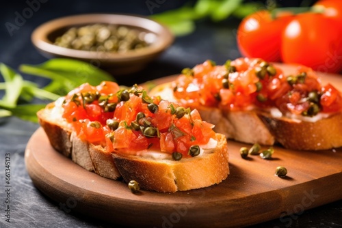 bruschetta with capers on a stone countertop