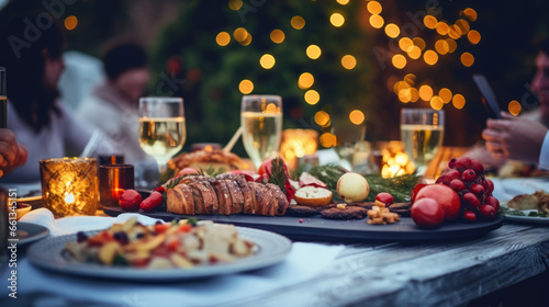 Festive dinner setting outdoors with friends, food, and sparkling lights.
