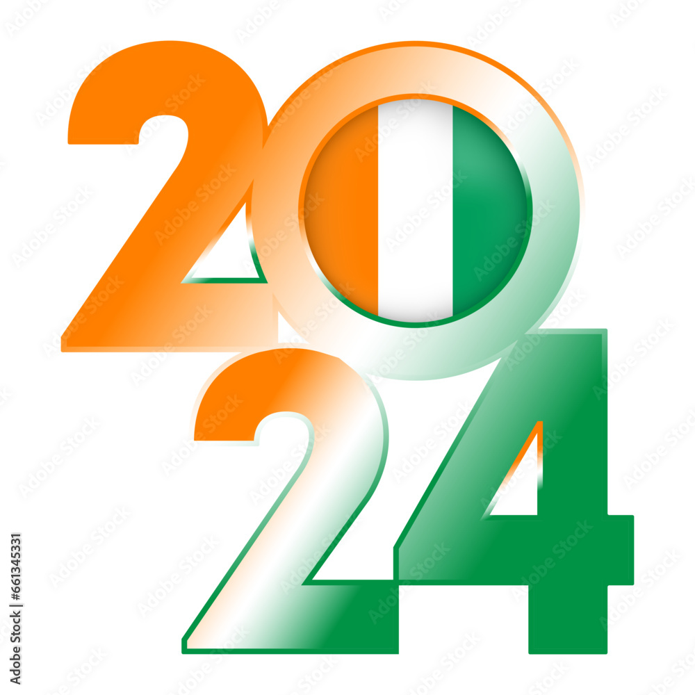 Happy New Year 2024 banner with Ivory Coast flag inside. Vector illustration. Happy New Year 2024 banner with Ivory Coast flag inside. Vector illustration.