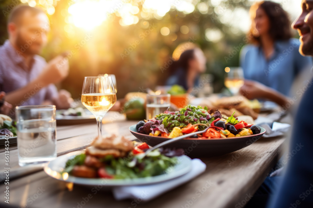 Friends enjoying a meal outdoors at sunset with wine and fresh salads.