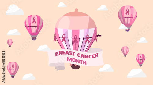 Hot air balloons with ribbons and a banner with the text: Breast Cancer Month. Vector illustration