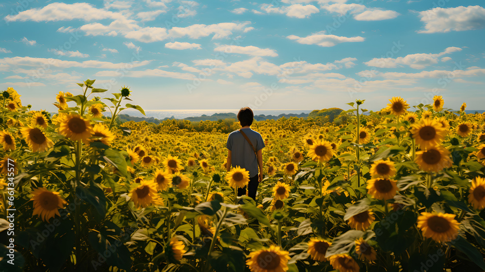 Farmer selecting sunflowers in a vibrant field