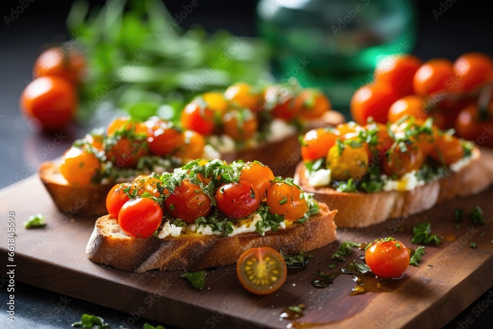 herby bruschetta with blistered cherry tomatoes on a glass table - obrazy, fototapety, plakaty 