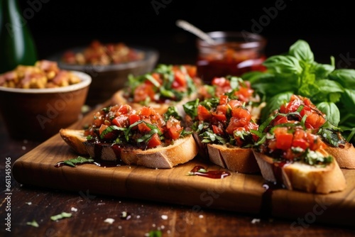side-angled view of a spread of multiple bruschetta