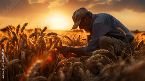 Farmer amidst wheat field during sunrise harvest