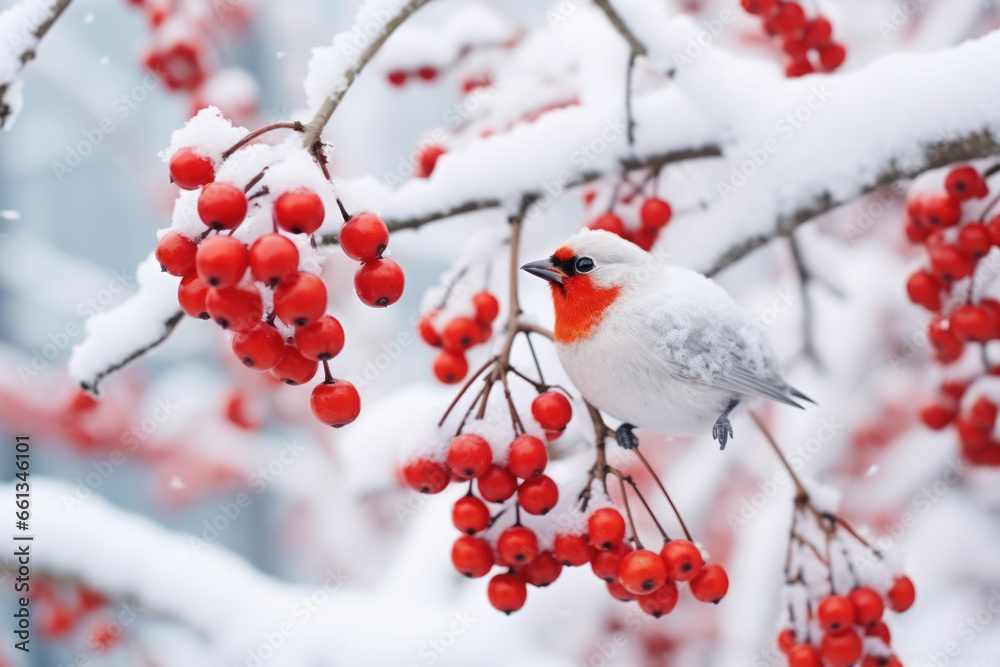 Winter scene of red fruits on tree branch. AI Generative