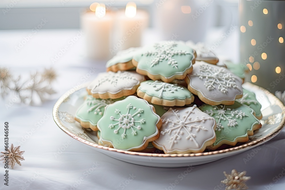 Yummy cookies wiht star shape on the Xmas table. Sweet holiday. Generative AI