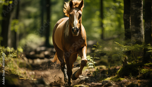 horse in the field. Horse in the forest. Brown haired wild horse in the woods during spring time. Spring animal