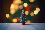 A empty table with a Christmas tree on the side and a blurred Christmas background.AI Generated.