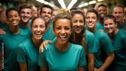 Close-up Group of Volunteers Wearing Vivid Green Color Screw-Neck T-shirts in Indoor Camp Background. Portrait of Happy Community Group Members with Dark-Green Collarless T-shirts. Green Team Spirit. © DONWIZS