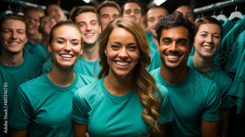 Portrait of Happy Community Group Members with Dark-Green Collarless T-shirts in Indoor Camp Setting. Close-up Group of Volunteers Wearing Vivid Green Color Screw-Neck T-shirts. Green Team Spirit.