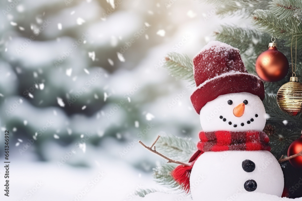 Obraz premium Happy decorated snowman in hat and scarf in winter snowy seasonal holiday. AI generated