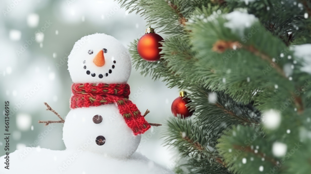 Happy decorated snowman in hat and scarf in winter snowy seasonal holiday. AI generated Happy decorated snowman in hat and scarf in winter snowy seasonal holiday. AI generated