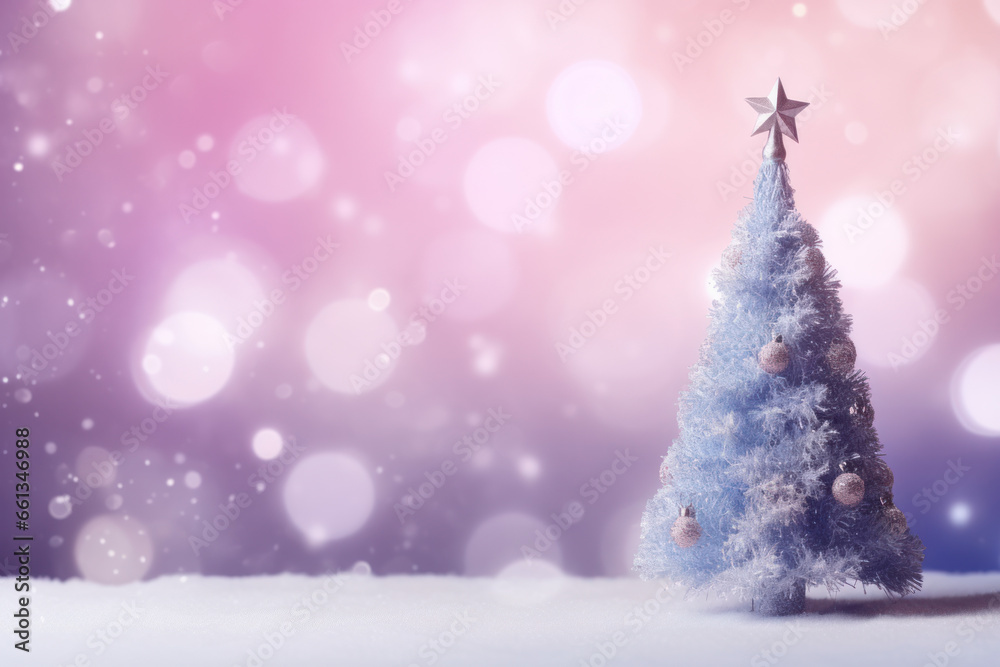 Christmas pink tree without decorations outdoor in park with bokeh, Christmas blue festive background, AI Generative