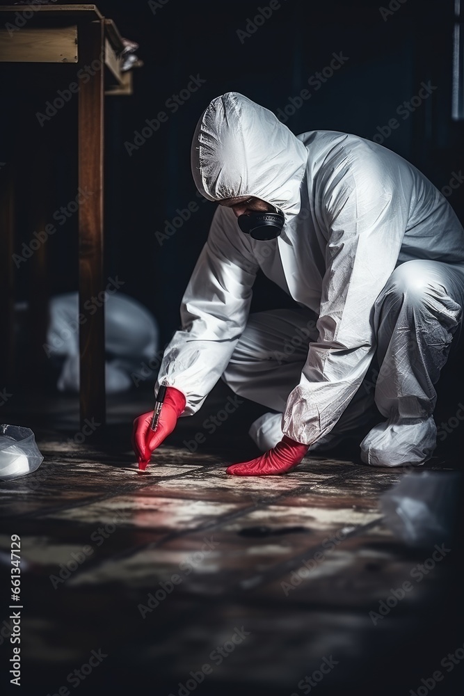 Forensic scientist in protective gloves are working at crime scen, room floor
