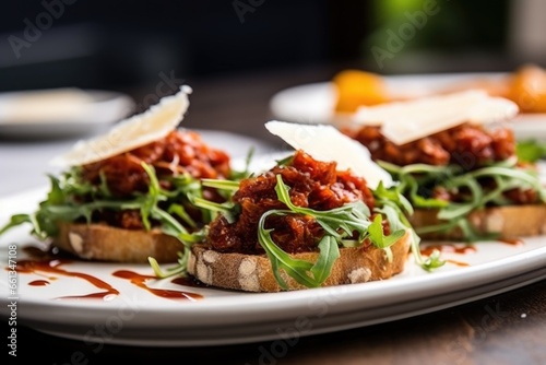 bruschetta with sun-dried tomatoes, arugula, topped with parmesan shavings