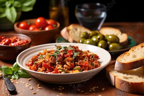 bruschetta with sun-dried tomatoes near a bowl of mixed olives