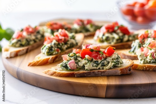 mouth-watering bruschetta tossed in spinach artichoke dip on a marble slab