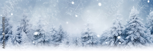 Winter panoramic banner background with snow-covered fir branches and snowfall flakes generative AI © Rafa Fernandez