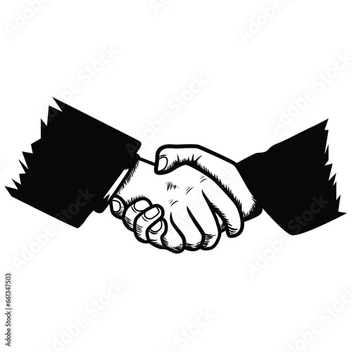 Grungy Handshake symbol silhouette represents unity, support, partnership, trust, assistance etc. Black line art of two hands shaking to show professional support. Businessmen Holding hands