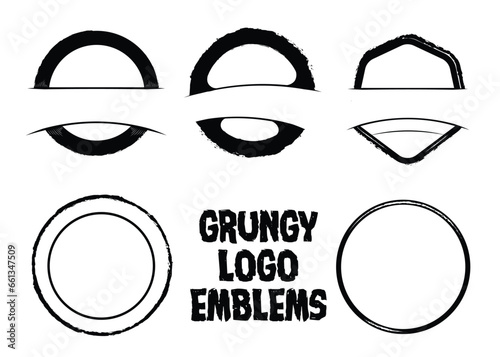 grungy round logo elements. Banners in black with distressed borders. Empty stamps with distorted edges for vintage and retro look. emblems set silhouette. 